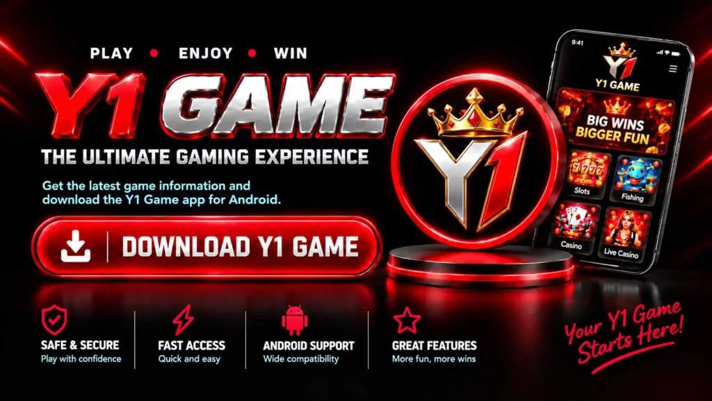Y1 Game application interface banner showing mobile card tables and download options on Android